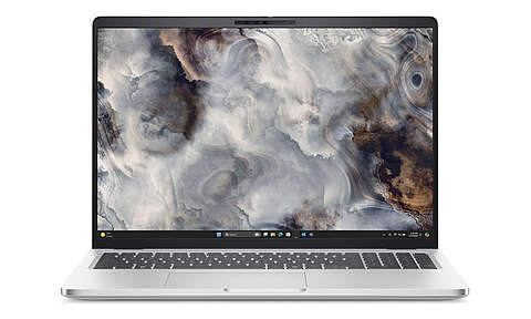 Dell Pro 16 Plus Auf einem Laptop-Bildschirm wird ein Desktop mit einem abstrakten Hintergrundbild und einem geöffneten AI Assistant-Chatfenster auf der rechten Seite angezeigt, das verschiedene Vorschläge und ein Textfeld für Benutzereingaben enthält.
