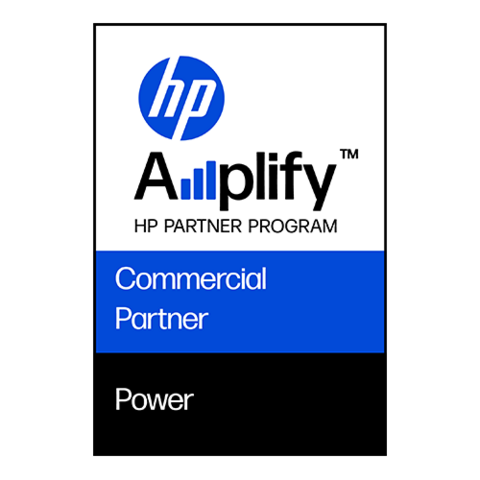 Logo mit blauem „hp“-Kreis über der Aufschrift „Amplify HP Partner Program“. Darunter stehen in blauen und schwarzen Feldern die Bezeichnungen „Commercial Partner“ und „Power“.