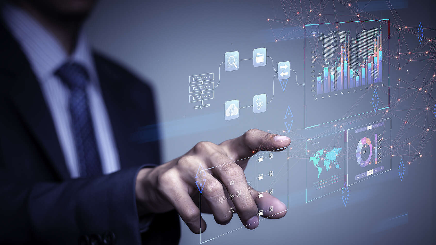 Fachkenntnisse und Expertise Ein Geschäftsmann im Anzug interagiert mit einer futuristischen holografischen Schnittstelle, die Finanzdiagramme und globale Datenkarten anzeigt und so fortschrittliche Technologie in der Geschäftsanalyse symbolisiert.