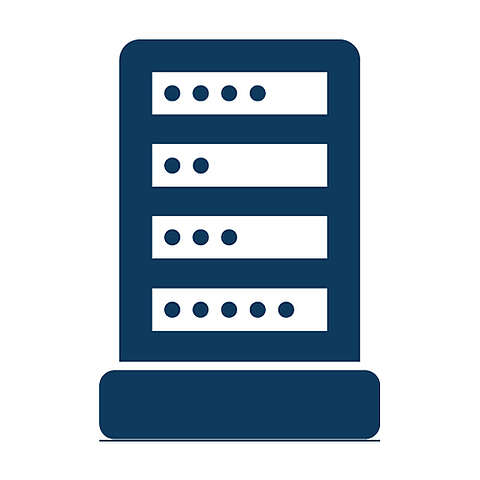 Ein marineblaues Symbol, das ein Server-Rack mit vier horizontalen Reihen darstellt, in denen jeweils Punkte zu sehen sind, die Leuchten oder Tasten symbolisieren, auf weißem Hintergrund.