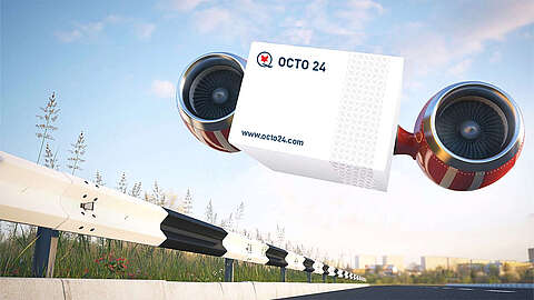 Ein Paket des OCTO24 Shop fliegt durch die Luft