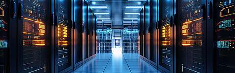 Ein hell erleuchteter Gang in einem Rechenzentrum, gesäumt von Reihen von Server-Racks, in dem die Geräte blau und orange leuchten und der Boden stark reflektiert.