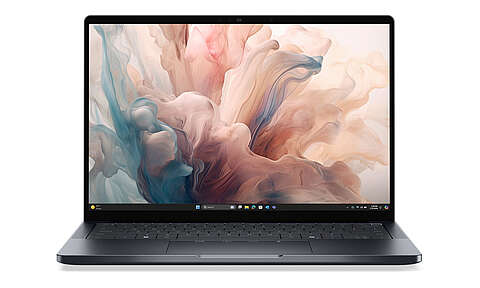 Dell Pro 14 Premium Auf einem Laptop wird ein CFO-Dashboard angezeigt, das Vermögenswerte, Umsatz, Nettoeinkommen und Ausgaben anzeigt, mit Diagrammen für das Nettoeinkommen nach Standort und den Umsatz pro Verkaufsstunde sowie einer Willkommensnachricht für einen KI-Assistenten.