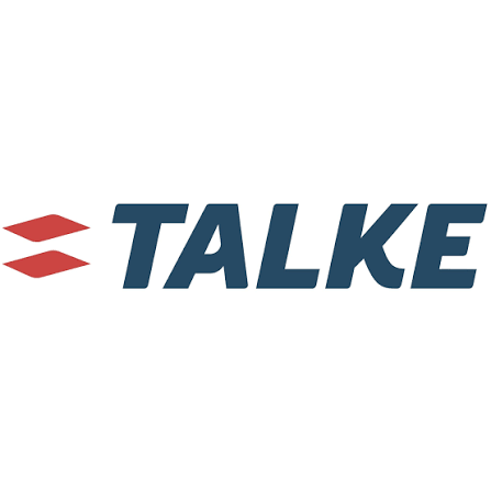 Das Bild zeigt das Wort „TALKE“ in fetten blauen Buchstaben, links davon sind zwei rote Parallelogramme übereinander angeordnet.