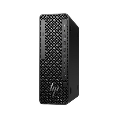 Ein schwarzer HP Desktop-Computer mit kleinem Formfaktor und einer belüfteten Frontplatte, mehreren USB-Anschlüssen, einer Kopfhörerbuchse, einem Netzschalter und einem Steckplatz für ein optisches Laufwerk. Das HP Logo ist in der Nähe der Unterseite sichtbar.